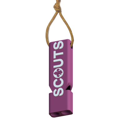 Apito roxo com cordão amarelo e texto SCOUTS