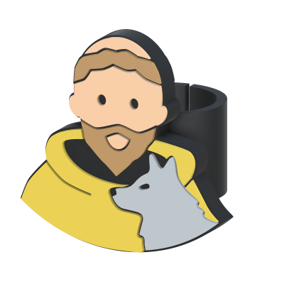 Ilustração de um homem com capa amarela e cão cinzento.