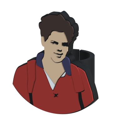 Anel com figura estilizada de um homem com camisa vermelha.