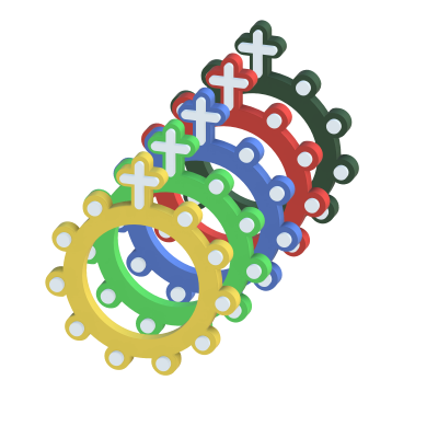 Conjunto de anéis coloridos com cruzes e círculos brancos