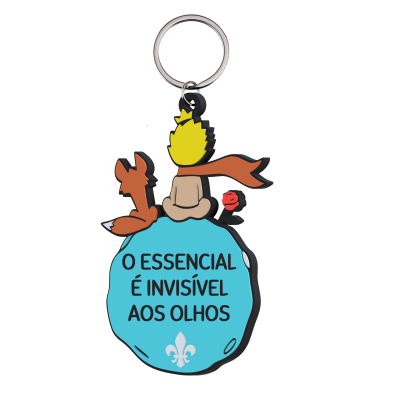 Porte-chaves com personagem, raposa, rosa e texto em azul