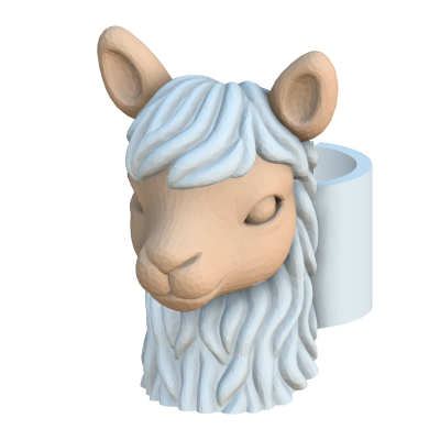 Decoração em forma de cabeça de lhama branca e castanha com base cilíndrica