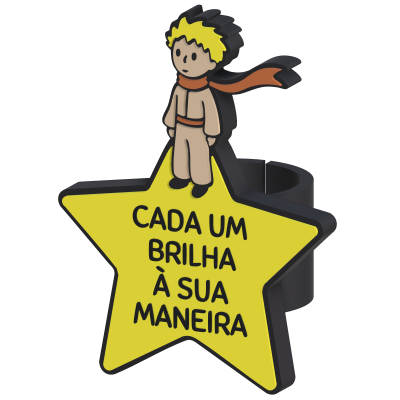 Anel em plástico preto com adereço do Pequeno Príncipe numa estrela amarela com texto