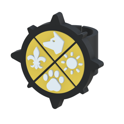 Anel preto com topo amarelo dividido em quatro quadrantes com símbolos brancos.