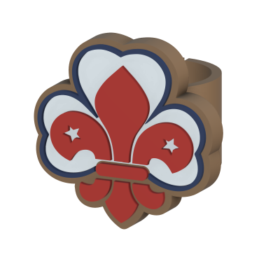 Argola decorativa em forma de flor estilizada em vermelho, branco e azul escuro com estrelas