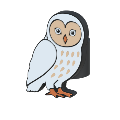 Objeto decorativo de coruja em branco, bege e laranja.