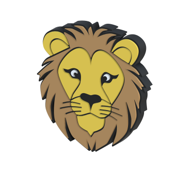 Ilustração da cabeça de um leão amarelo e castanho com olhos expressivos.