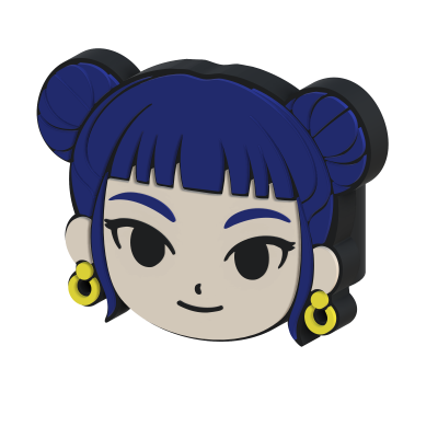 Chaveiro ou pin cartoon cabeça cabelo azul coques olhos azuis brincos amarelos