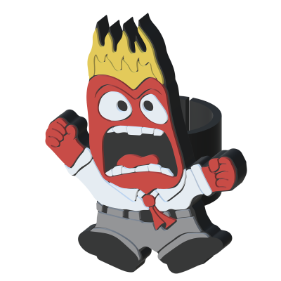 Figura de personagem com expressão de raiva, cabelo amarelo em chamas, roupa formal e corpo vermelho