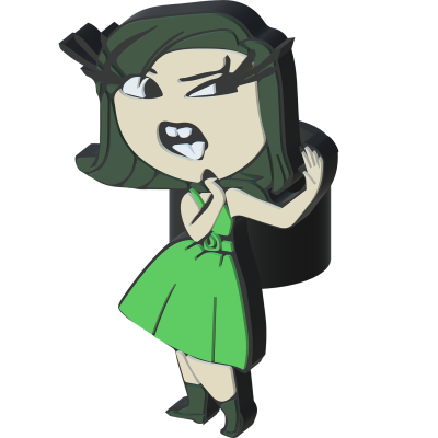 Desenho de personagem feminina com cabelo e vestido verdes, botas verdes e expressão determinada