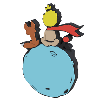 Figura em relevo do Pequeno Príncipe sentado num planeta azul com uma raposa e uma estrela amarela