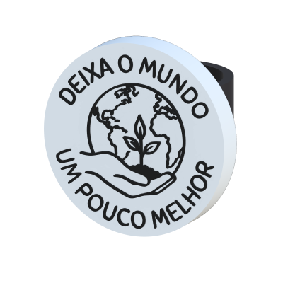 Botão redondo branco com texto em preto e desenho de globo e planta numa mão