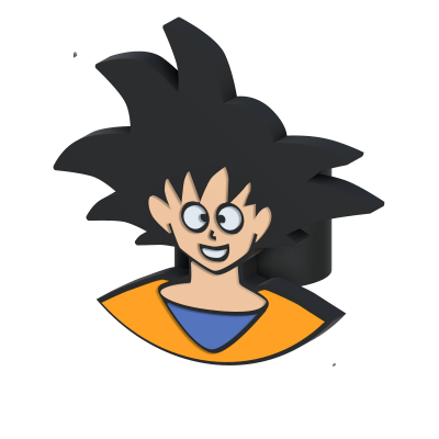 Figura estilizada de personagem de desenho animado com cabelo preto e roupa laranja