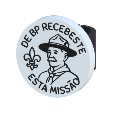 Tampa redonda branca com desenho e texto preto, mostrando um homem e uma flor-de-lis.