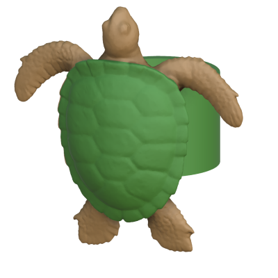 Anel verde com tartaruga castanha e verde, fundo branco.