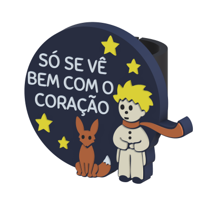 Anel azul com personagem loiro, raposa, estrelas amarelas e texto em relevo branco
