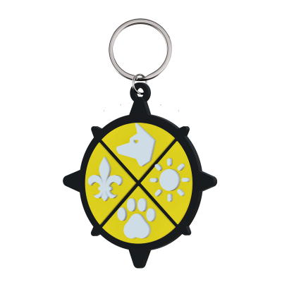 Chaveiro redondo amarelo com ícones cinza de cachorro, sol, pata e flor-de-lis