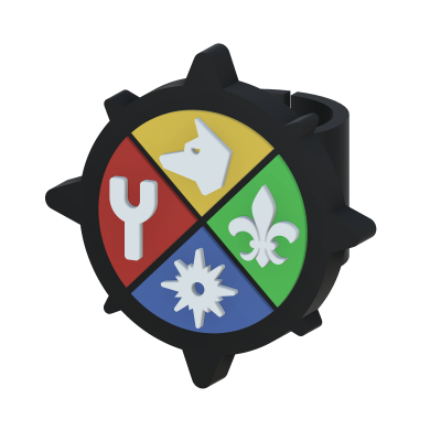 Anel preto com topo circular colorido dividido em quatro símbolos.