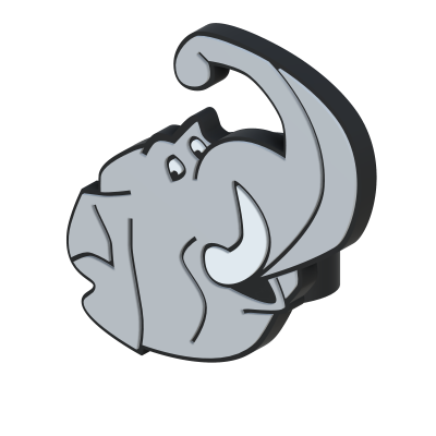 Figura tridimensional de elefante cinzento com contornos pretos e olhos expressivos