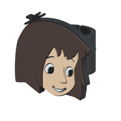 Anel com cara de personagem animada com cabelo castanho.