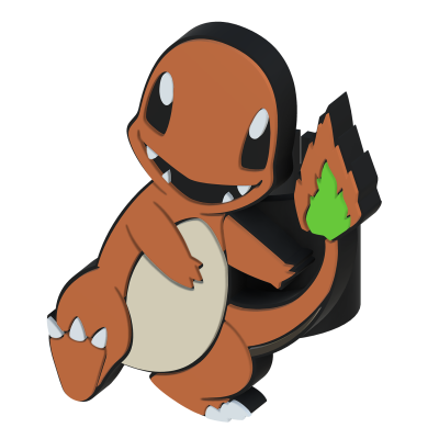 Figura 3D do personagem Charmander, pokémon laranja com cauda em chamas.