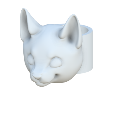 Anel branco com figura tridimensional da cabeça de um gato.
