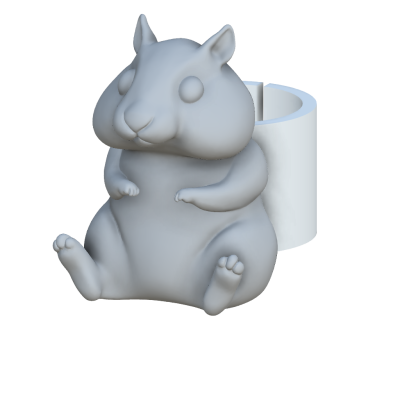 Suporte para anel em forma de hamster cinzento segurando um anel branco