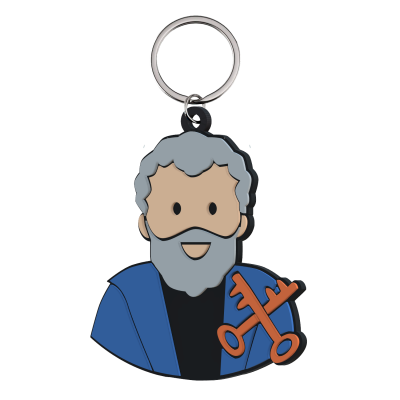Chaveiro figura estilizada homem com barba cinzenta e duas chaves laranja
