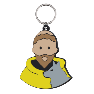 Porta-chaves de borracha com figura de homem e cão