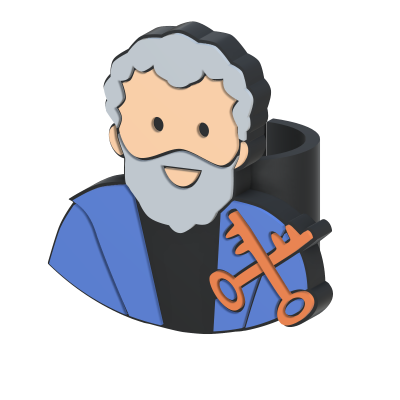 Figura 3D de homem com cabelo grisalho, barba, casaco azul e duas chaves laranja