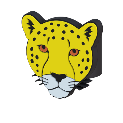 Máscara decorativa de cabeça de leopardo amarela com manchas pretas e olhos castanhos