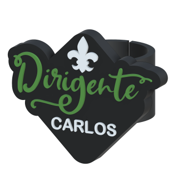 Anel preto com texto verde e branco Dirigente CARLOS e símbolo branco
