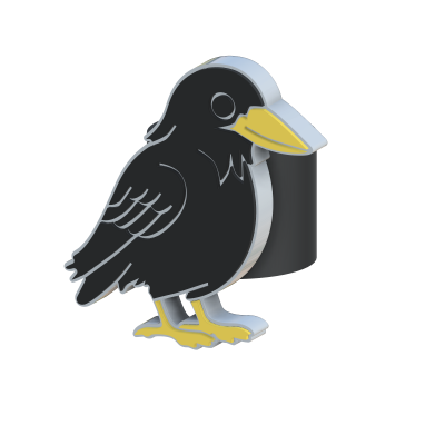 Porta-lápis em forma de pássaro preto com bico e pés amarelos