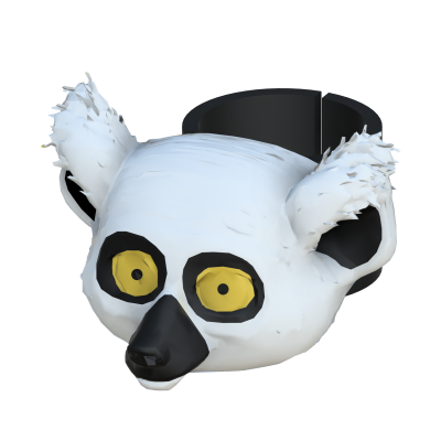 Anel de cabeça de lémure branco com olhos amarelos e preto e orelhas peludas