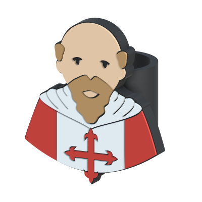 Figura estilizada de cavaleiro medieval com capa vermelha e cruz branca