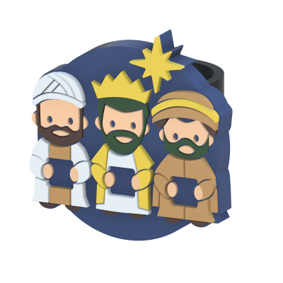 Três figuras dos Reis Magos com roupas tradicionais e uma estrela amarela acima