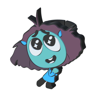 Figura animada com rosto azul e cabelo roxo