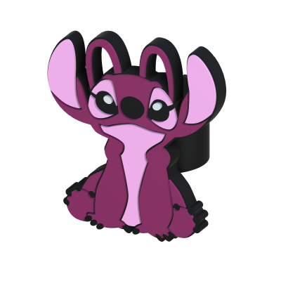 Figura 3D roxa e rosa de personagem com grandes orelhas e olhos expressivos