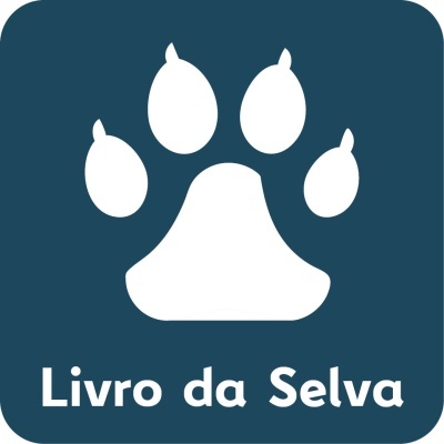 Logotipo com pata de animal branca sobre fundo azul e texto Livro da Selva