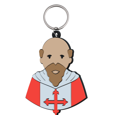 Chaveiro de personagem com barba e roupa com cruz vermelha