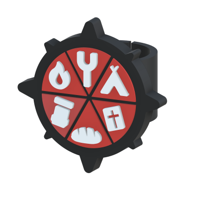 Anel preto com face redonda e ícones brancos em segmentos vermelhos