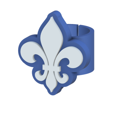 Anel azul e branco com símbolo de flor-de-lis