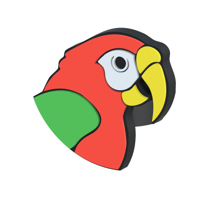 Figura tridimensional colorida de papagaio com cabeça vermelha e bico amarelo