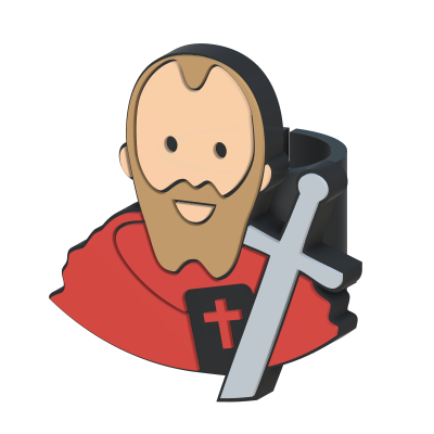 Figura decorativa de homem com manto vermelho e espada cinzenta