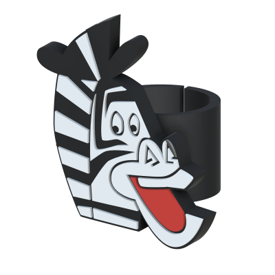 Argola de guardanapo com cabeça de zebra estilizada preta, branca e vermelha.