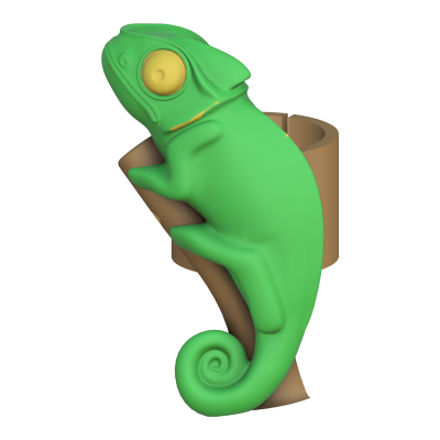 Figurinha de camaleão verde com suporte castanho em forma de ramo