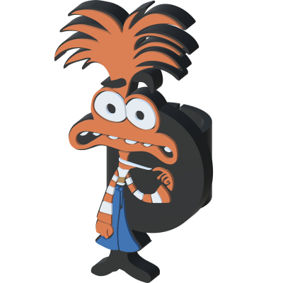 Figura animada 3D com cabelo laranja espetado e cachecol laranja e branco