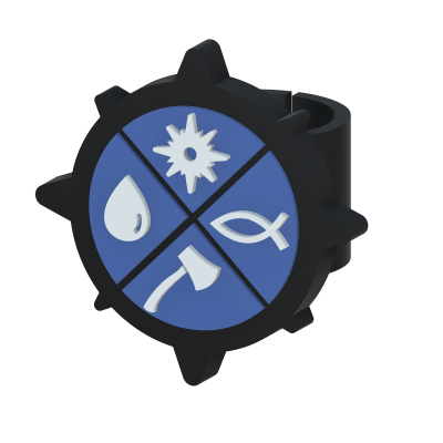 Anel preto com centro azul e símbolos brancos