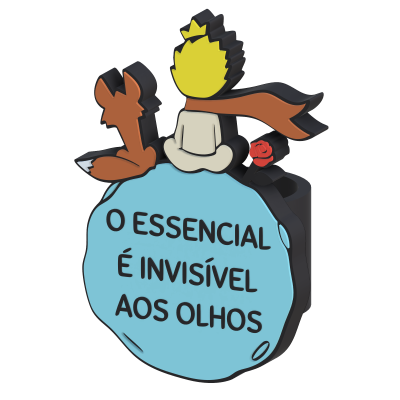 Figura decorativa com raposa, pessoa sentada com lenço e rosa e texto em azul.