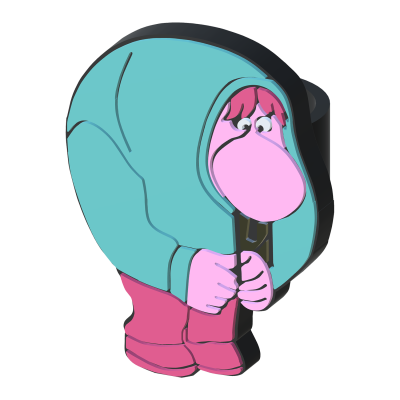 Personagem animado cor-de-rosa com capa azul-turquesa e botas rosas